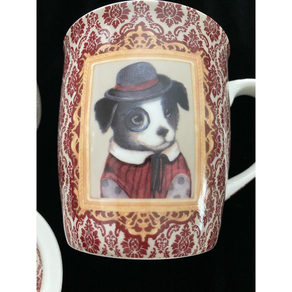 Efya Porcelain Tea Infuser Mug Red Damask Dapper Dog Portrait with Lid Strainer - Picture 5 of 12